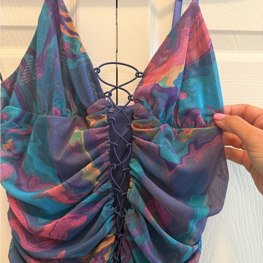 Multi-Color Ruched lace up Mini Dress - Picture 2 of 3